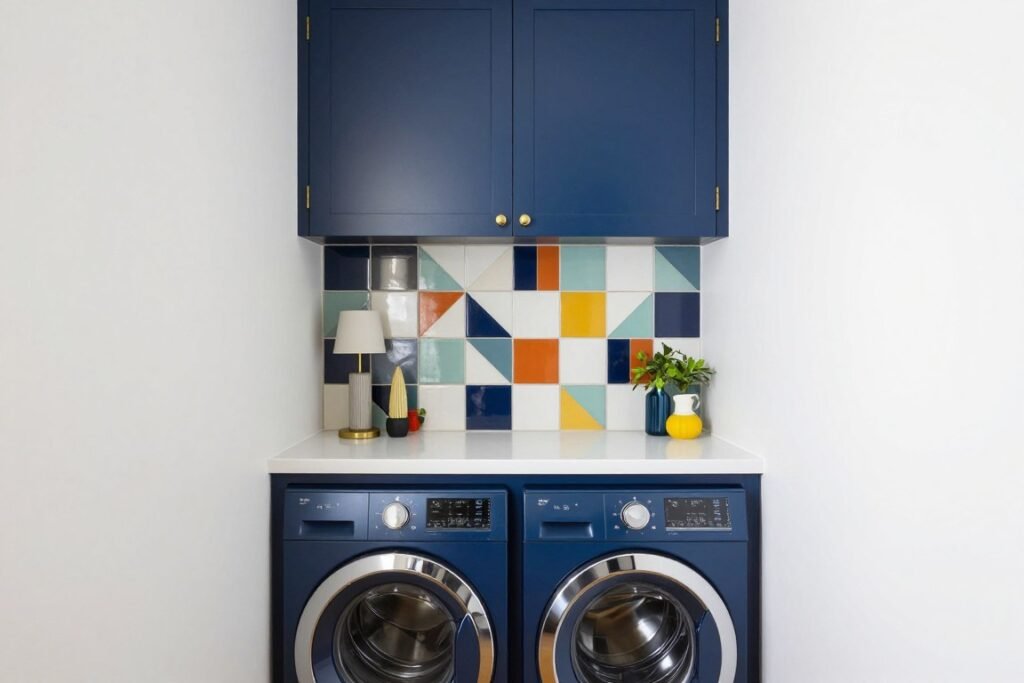 small laundry room with bold navy blue cabinets