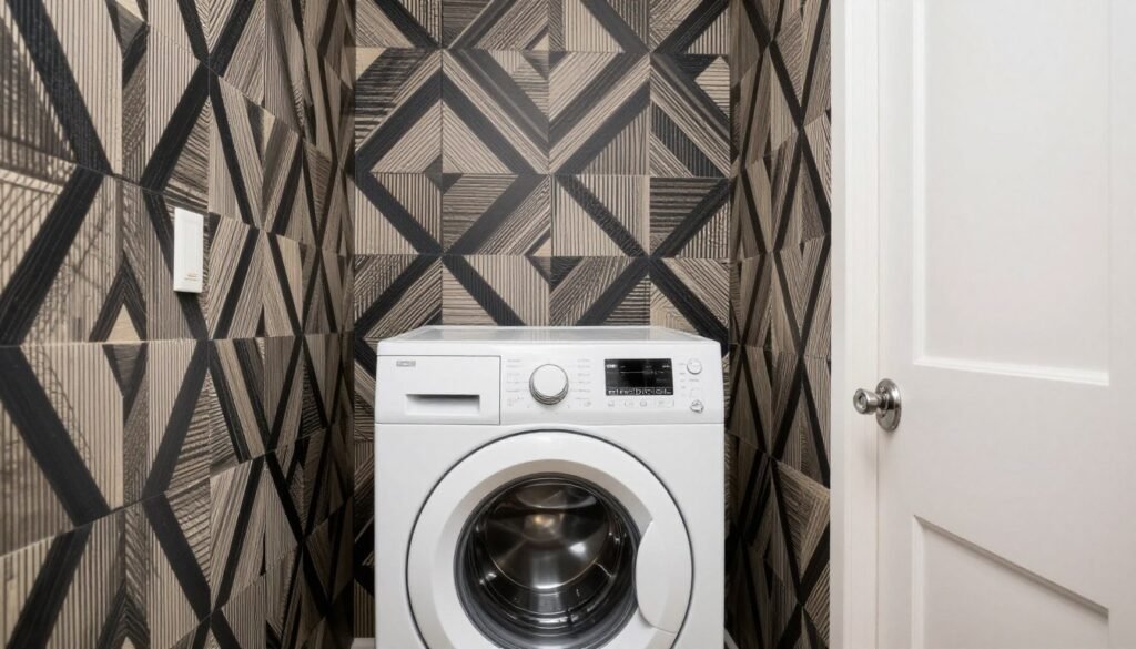 small laundry room with geometric wallpaper accent wall behind top loading washer and dryer