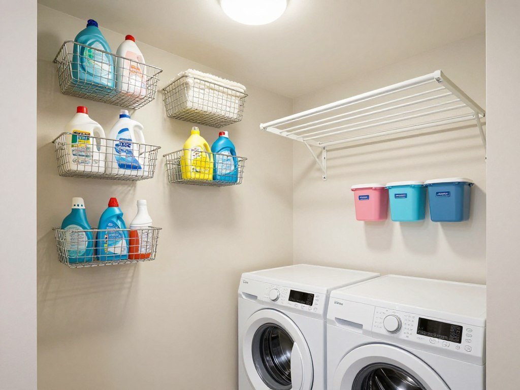 small laundry room with organized storage baskets and cleaning supplies