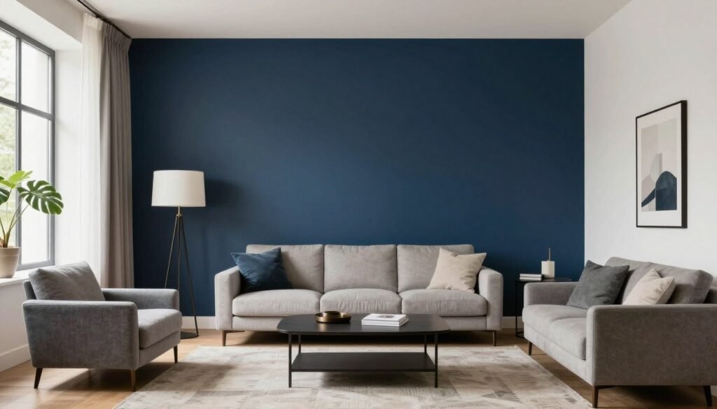 small living room with dark accent wall on far side