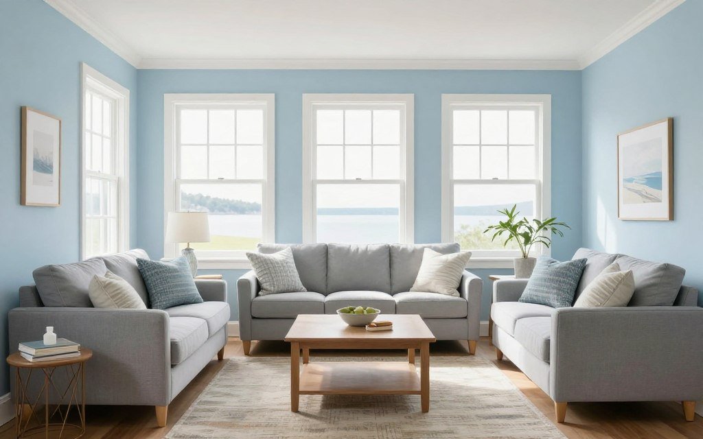 small living room with pale blue walls