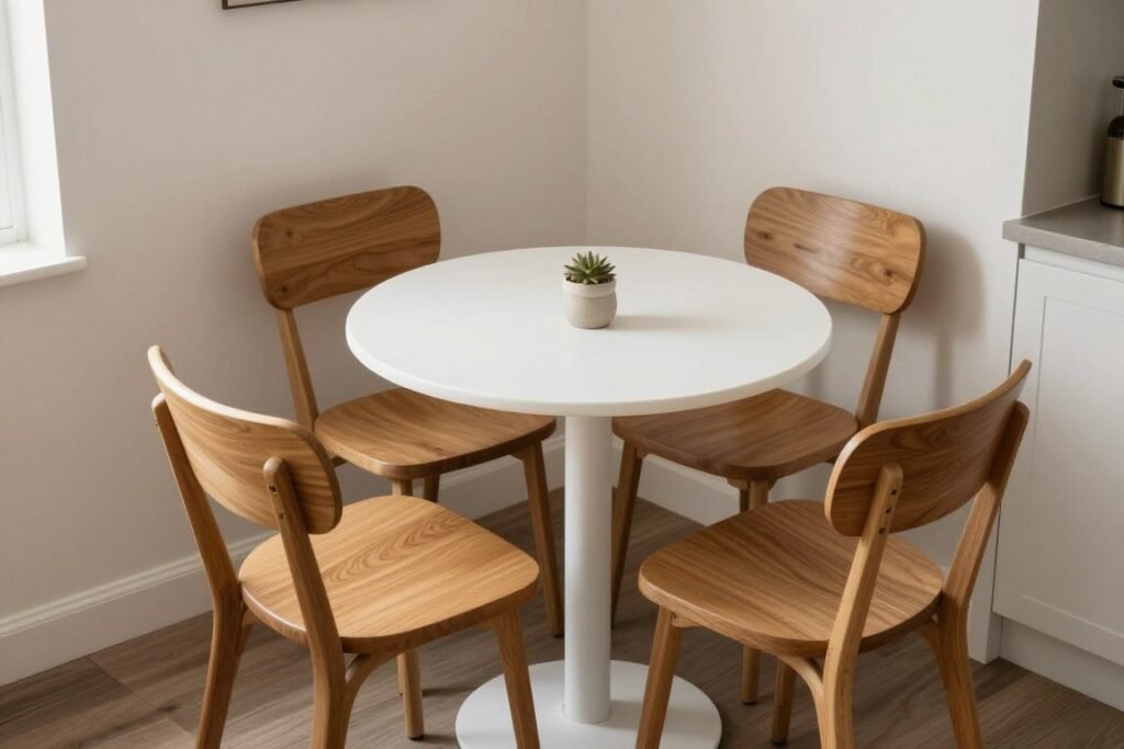 small round bistro table in kitchen corner with two chairs