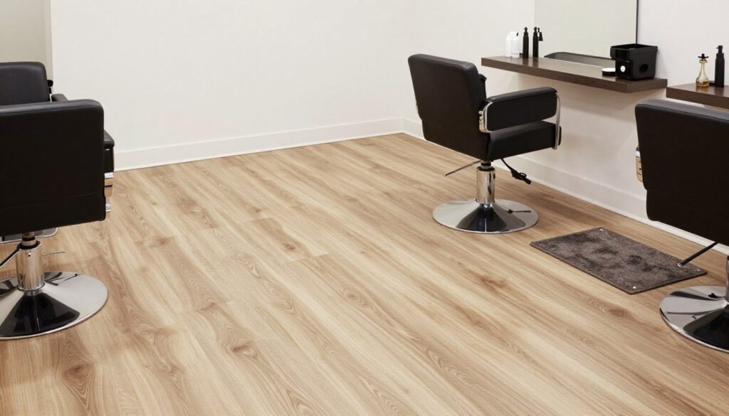 small salon suite floor with luxury vinyl planks and area rug