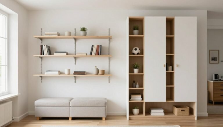 small space organization solutions showing organized compact living room with vertical storage