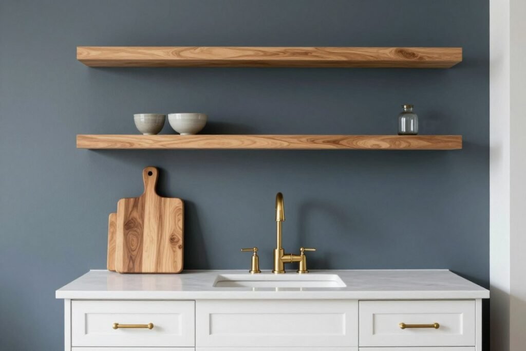 small white kitchen with warm wood floating shelves and brass fixtures