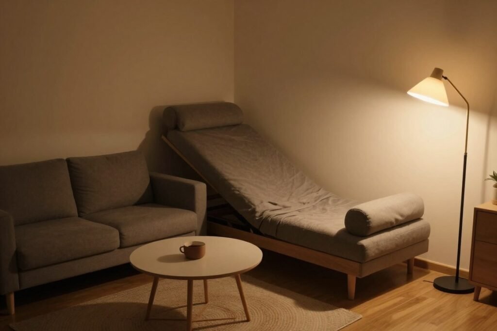 sofa bed angled in room corner