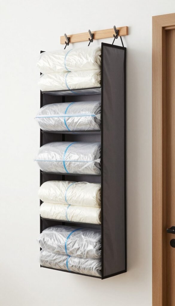 space-saving blanket storage with vacuum bags and vertical organization
