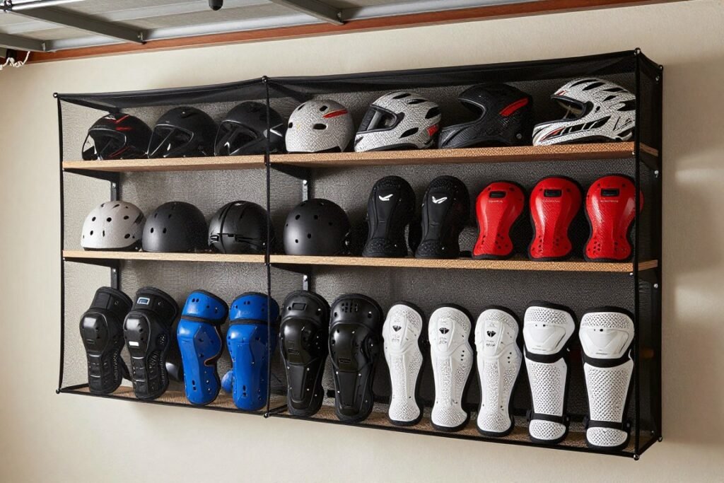 sports gear storage with helmets and protective equipment