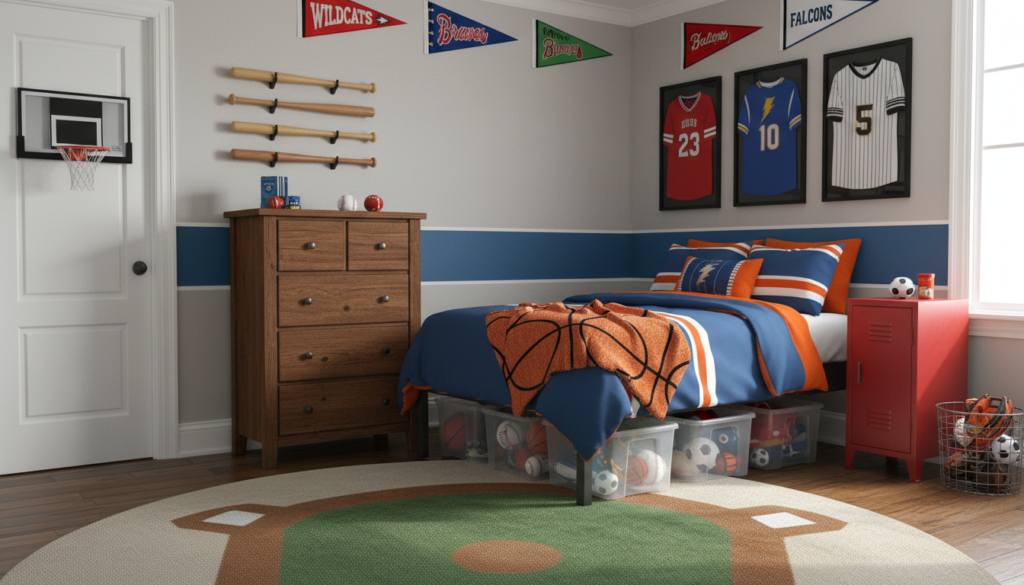 sports themed boy bedroom with basketball and baseball decor