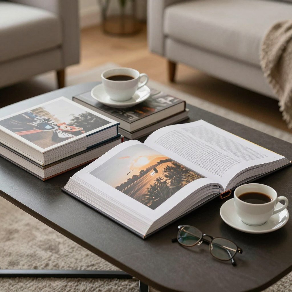 stack of books on coffee table creating casual display in living room space
