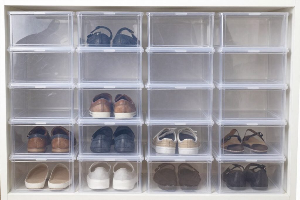 stackable clear shoe storage boxes organizing shoe collection