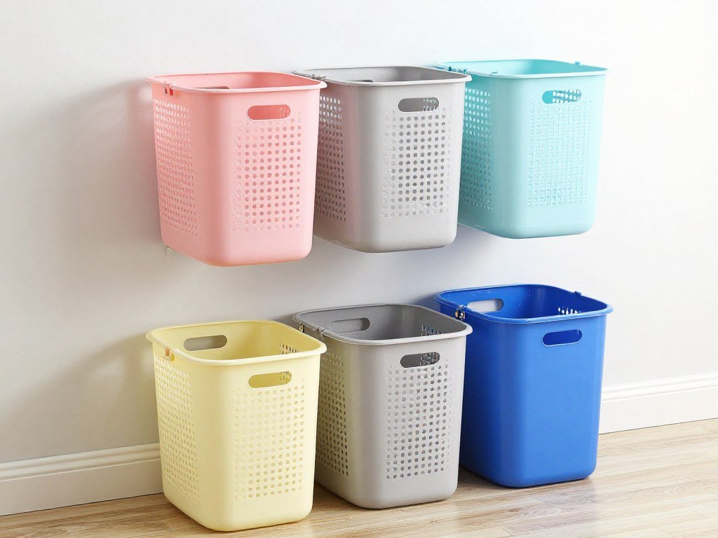 stackable laundry baskets against wall