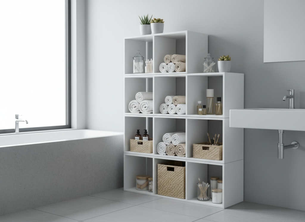 stackable modular storage cubes organizing bathroom items