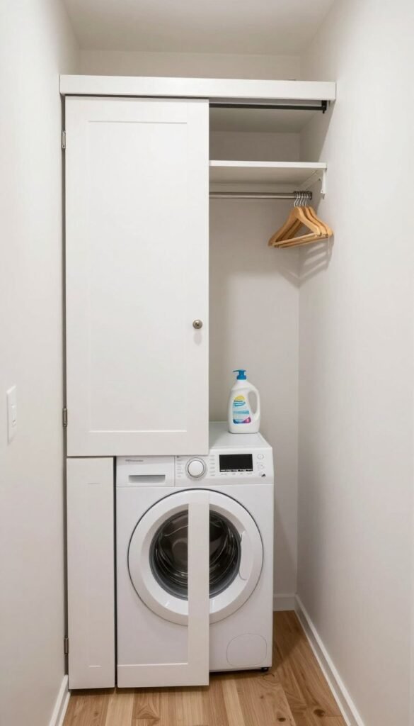 stackable washer dryer in converted closet with bifold doors