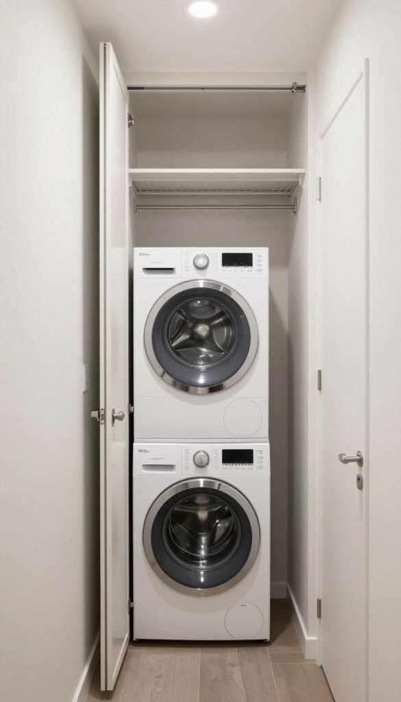 stackable washer dryer installed in hallway closet laundry conversion