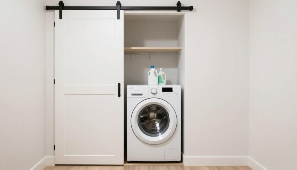 stackable washer dryer installed in narrow laundry closet with sliding door