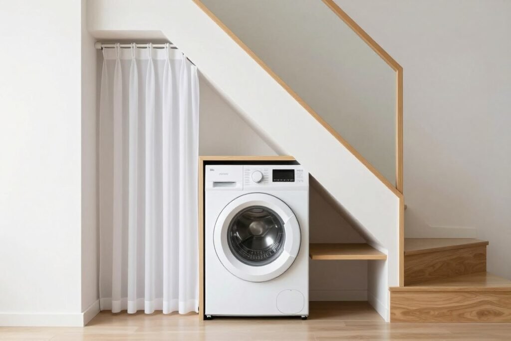 stackable washer dryer installed under staircase
