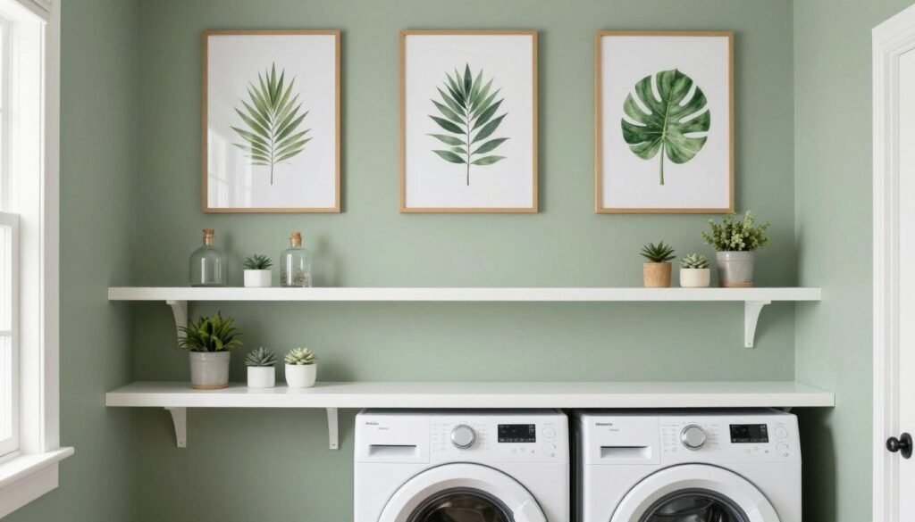 stackable washer dryer laundry room with accent wall and artwork