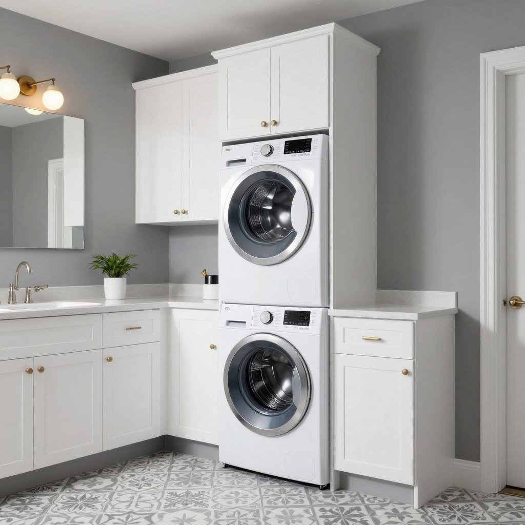 stackable washer dryer laundry room with gray walls and white cabinets