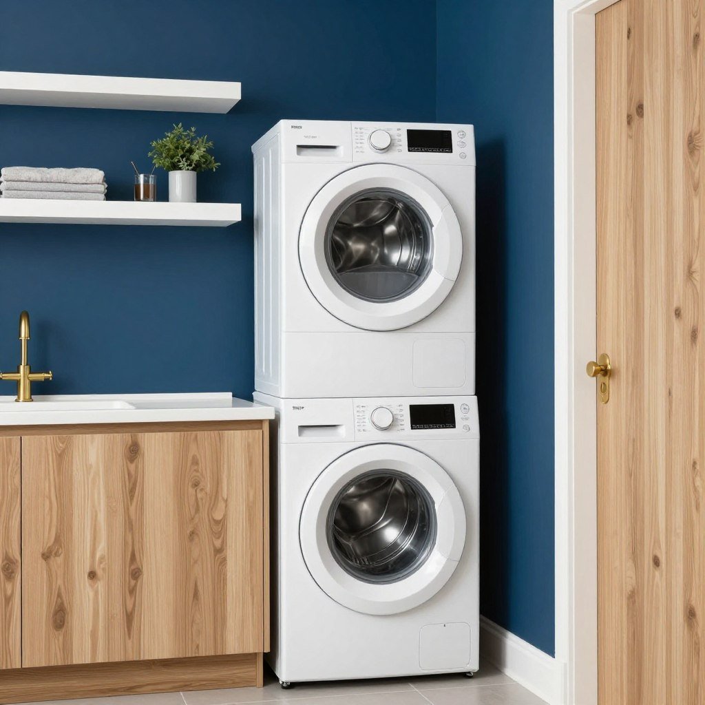 stackable washer dryer laundry room with navy blue accent wall