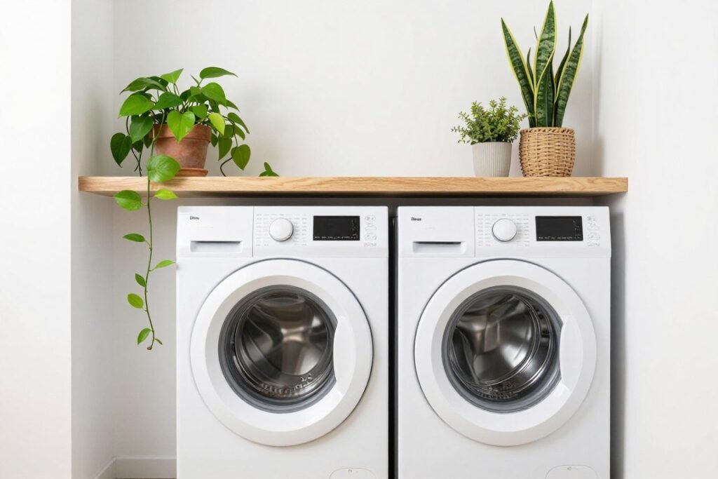 stackable washer dryer laundry room with shelf plants