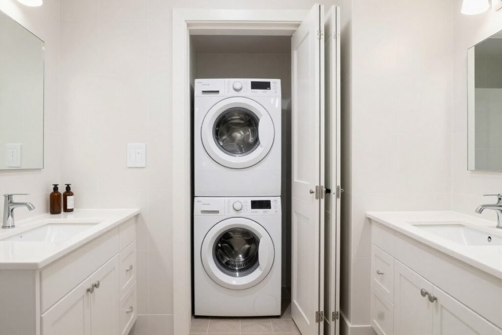 stackable washer dryer tucked into bathroom alcove