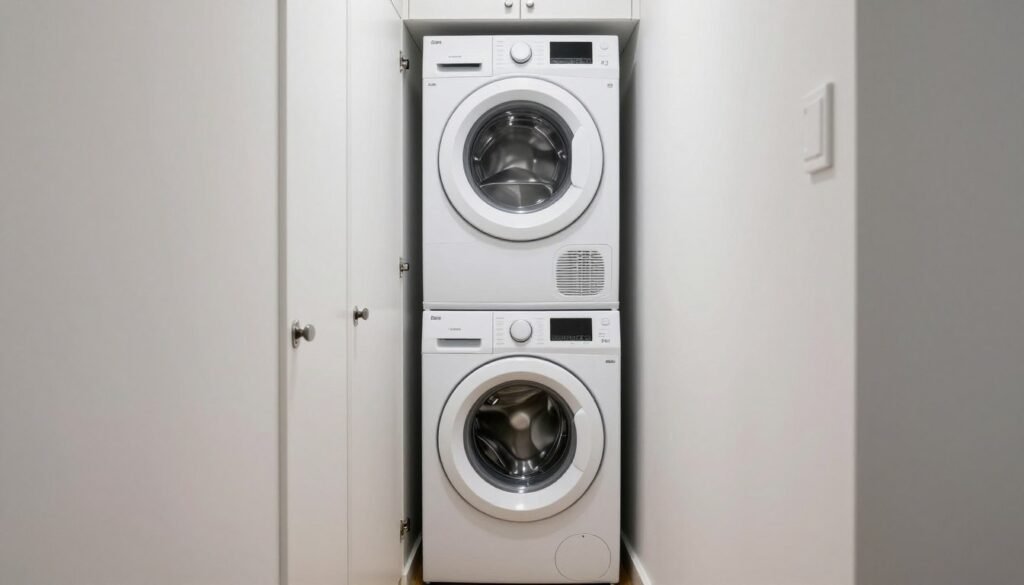 stacked washer and dryer in narrow space