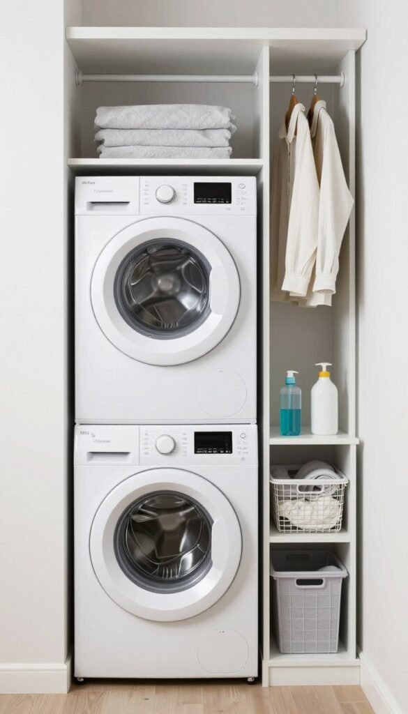 stacked washer and dryer in small laundry closet with shelving stacked washer and dryer in small laundry closet with shelving