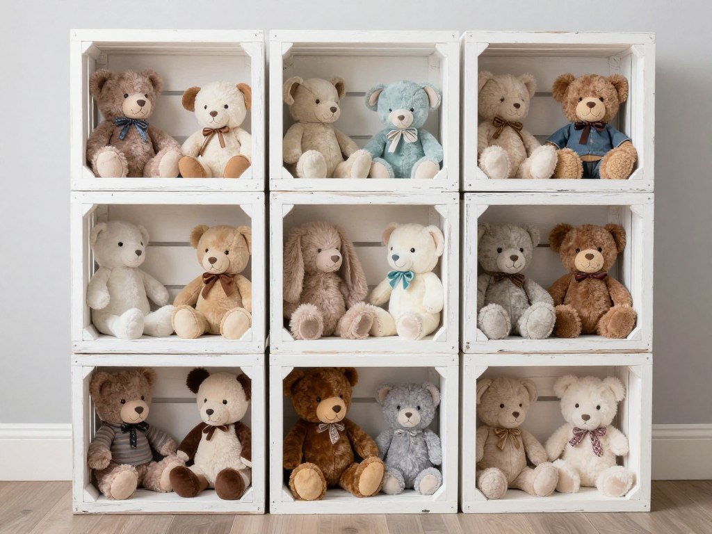 stacked wooden crates holding stuffed animals as shelving