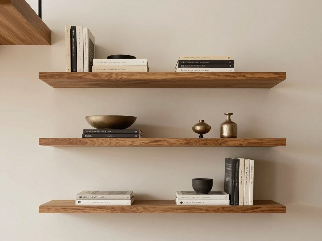 staircase with floating shelves following the angle of stairs