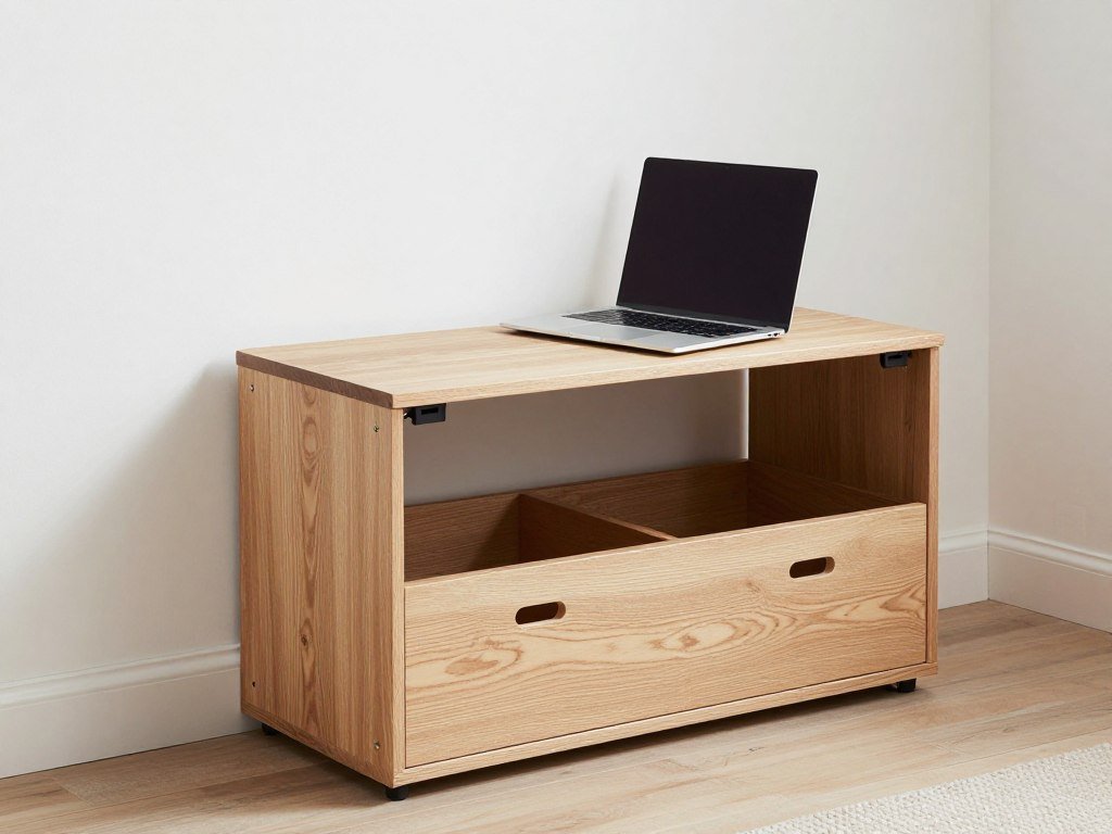 storage bench being used as compact workspace