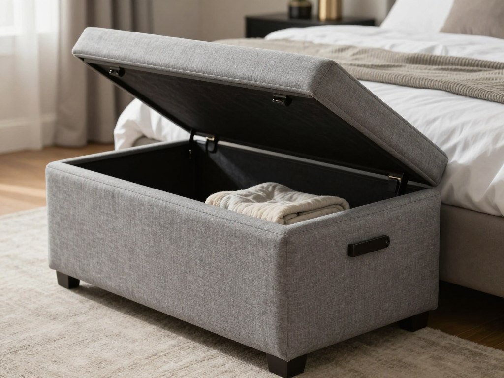 storage ottoman bench at foot of bed in very small bedroom