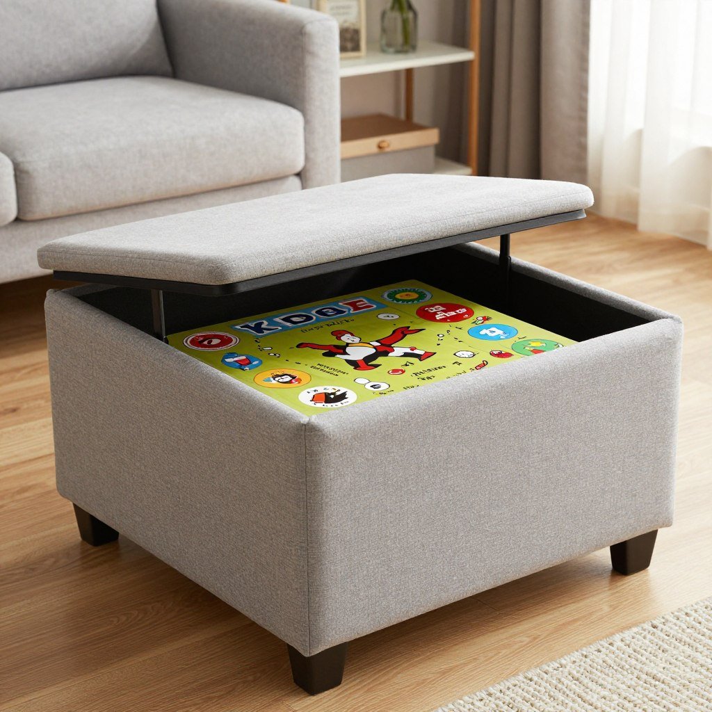 storage ottoman filled with board games