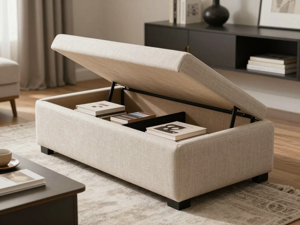 storage ottoman in living room hiding book collection inside