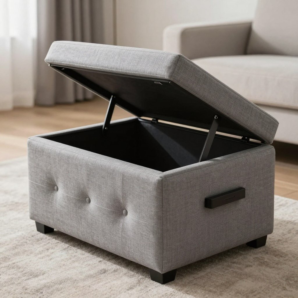 storage ottoman with lid open showing interior storage space