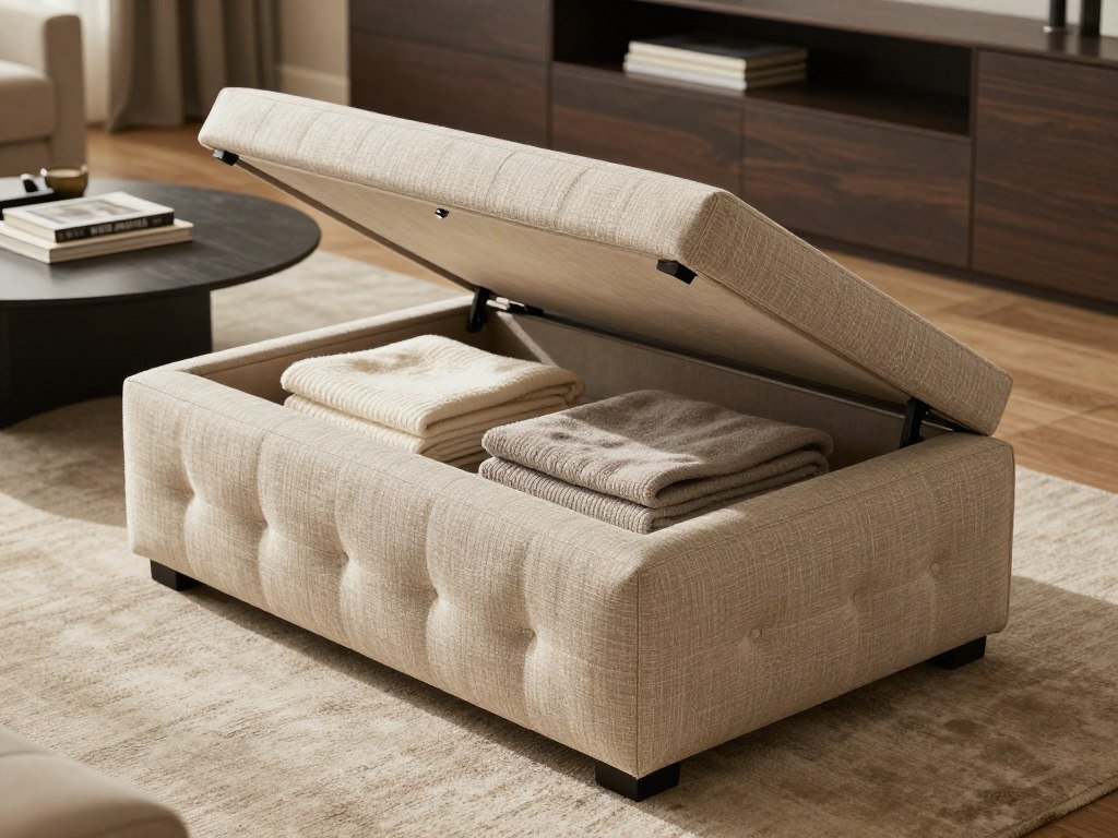 storage ottoman with open lid showing blankets inside living room