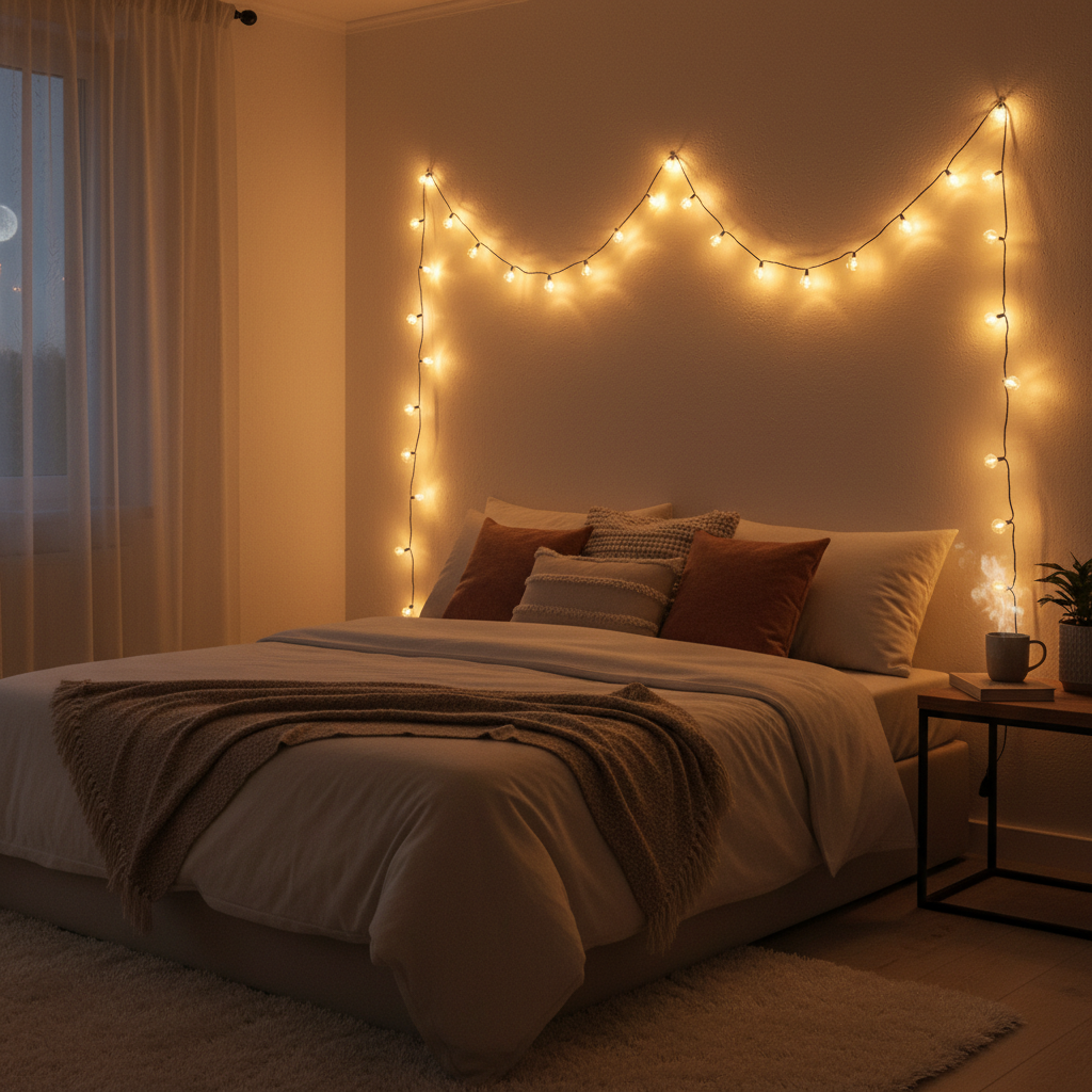 string lights creating ambient glow in bedroom
