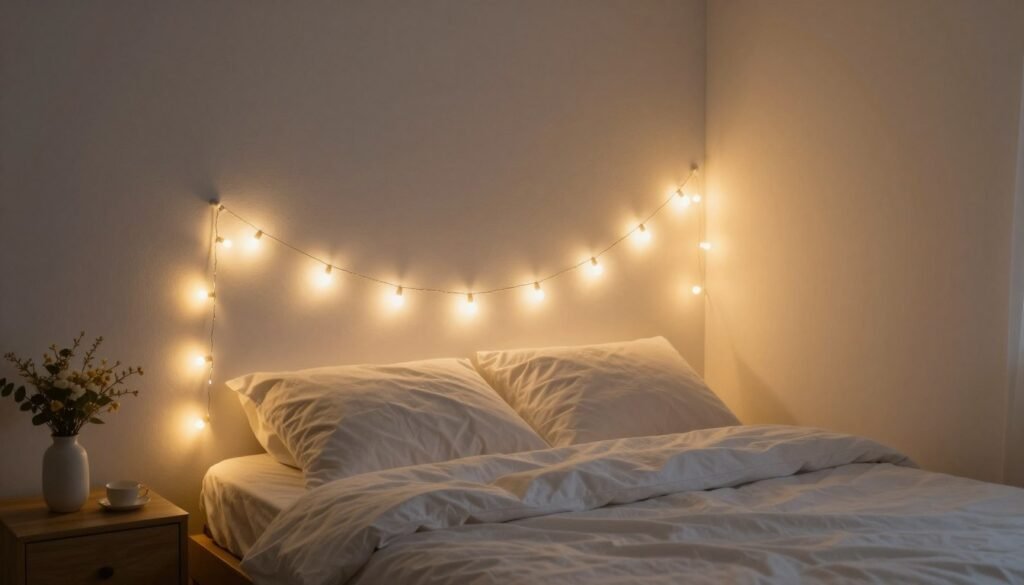 string lights creating warm ambiance in small bedroom