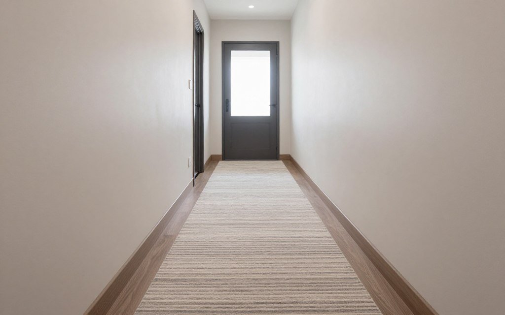 striped rug running length of narrow living room