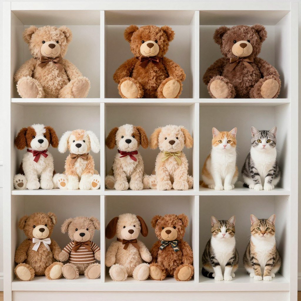 stuffed animals grouped by animal type on shelves