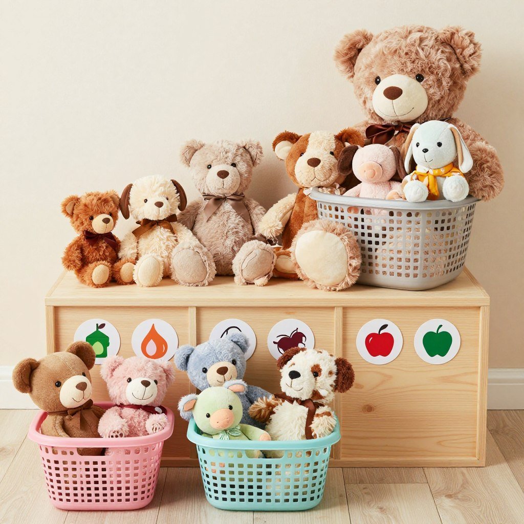 stuffed animals sorted by size in separate bins