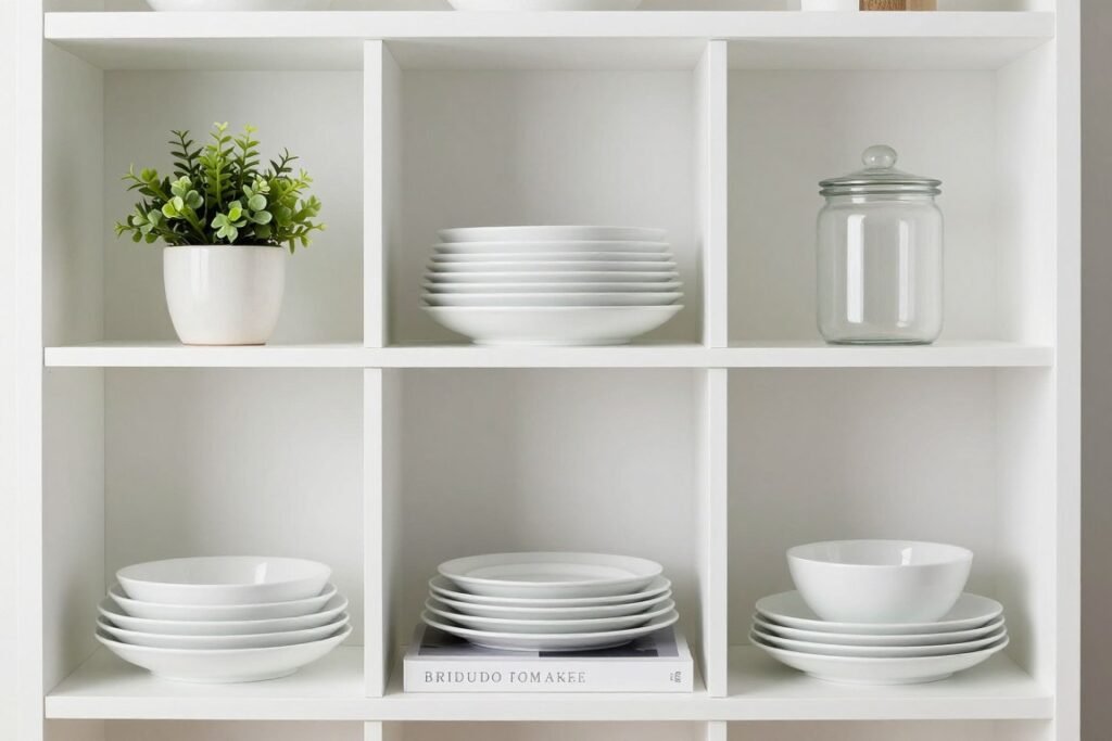 styled open kitchen shelves with coordinated dishware and minimal decor