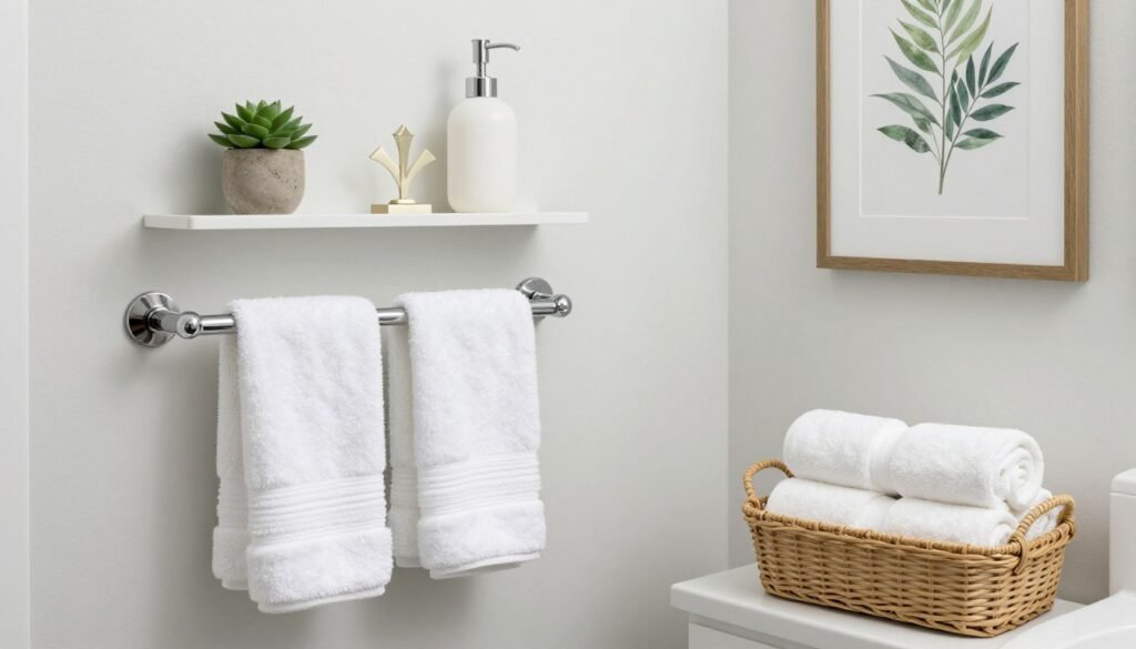 styled small bathroom with coordinated accessories and decor