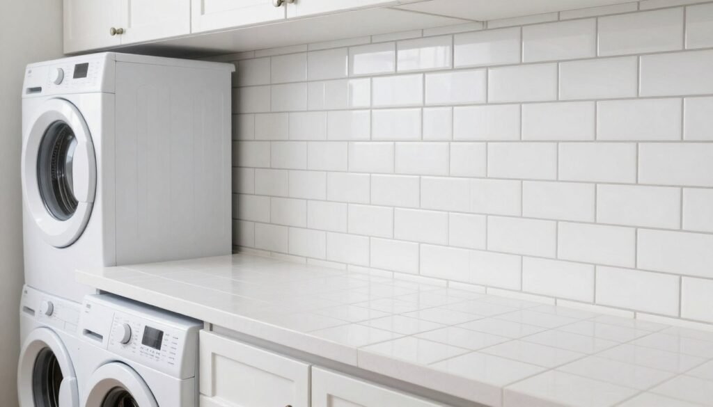 subway tile backsplash behind stacked washer and dryer