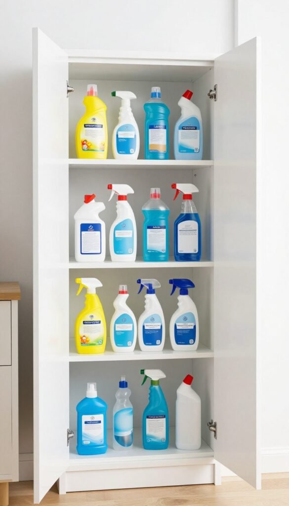 tall cleaning supply cabinet with organized products on shelves tall cleaning supply cabinet with organized products on shelves