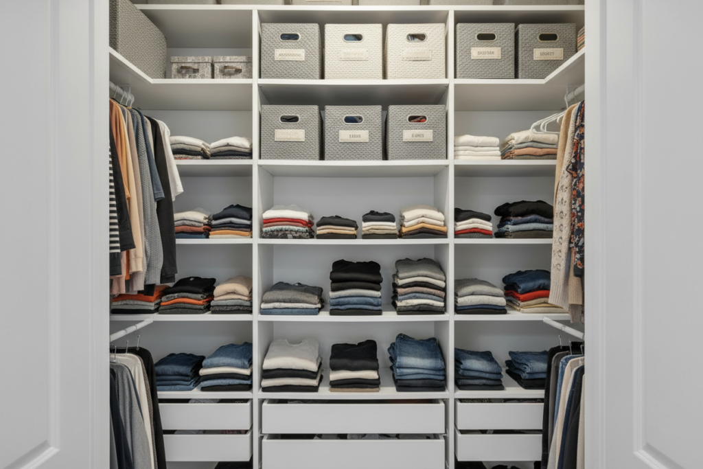 tall closet shelving system reaching from floor to ceiling in a small closet space