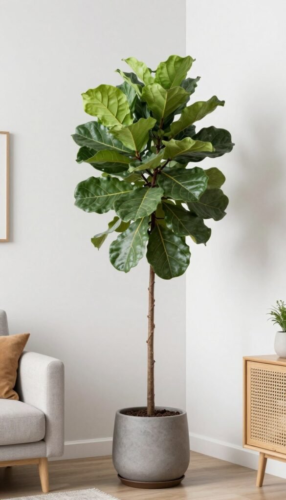 tall floor plant in corner of small living room