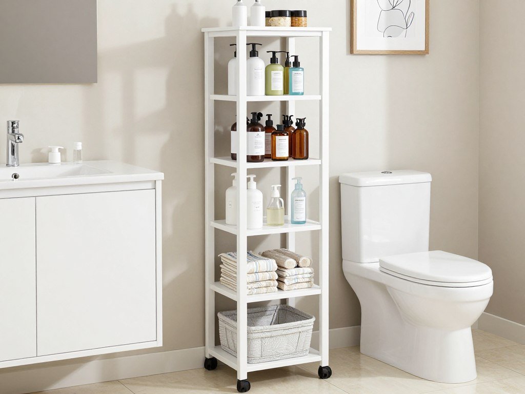 tall freestanding storage tower beside toilet
