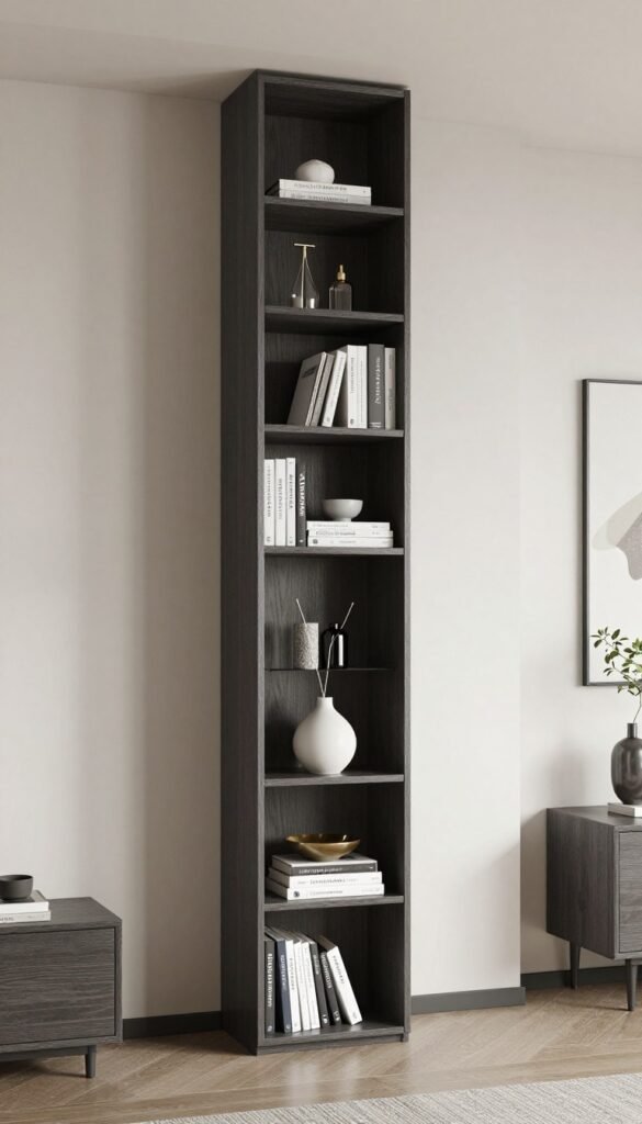 tall narrow bookcase in small living room