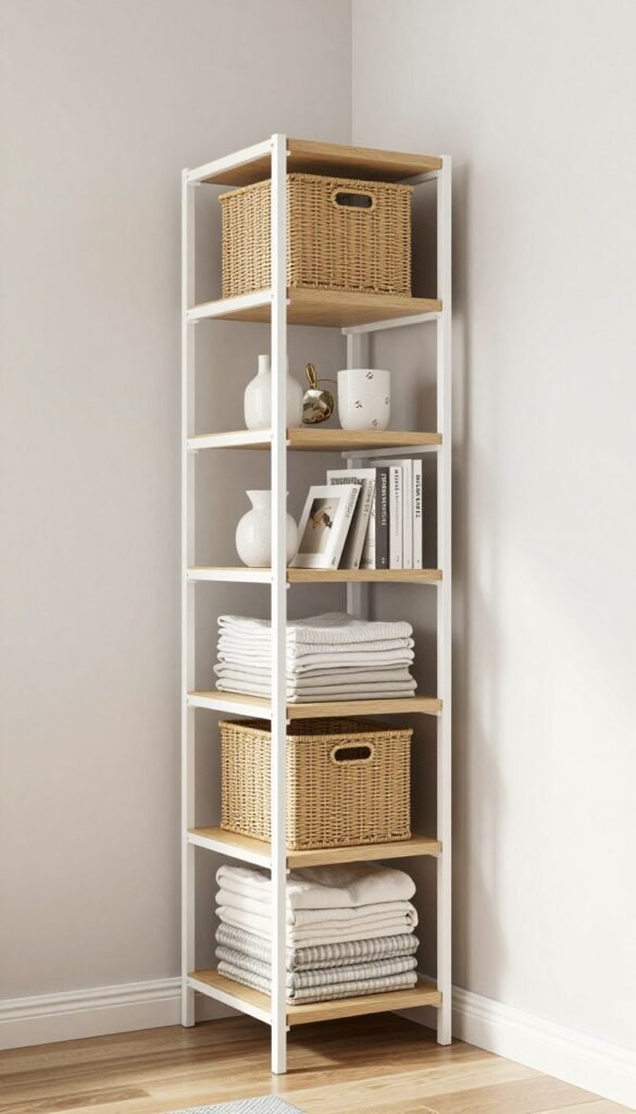 tall narrow shelving unit in corner of very small bedroom